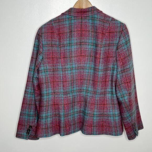 Talbots Womens Wool Blazer Jacket 12 Pink Blue Plaid Button Front Pockets Office - Picture 10 of 11